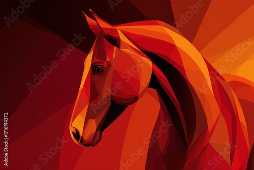 A stylized flat vector illustration of a horse symbol in red and orange colors, standing out against a vibrant background.