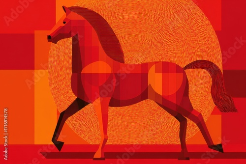 A stylized red fire horse symbol running under the sun, representing strength and power.