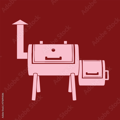 Simple pink silhouette of a barbecue smoker grill with chimney and side firebox on a dark red background