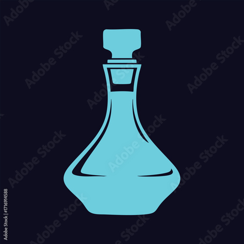 Stylized blue silhouette of a vintage glass decanter with stopper on a dark background illustration