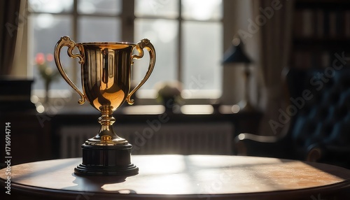 A golden trophy sits on a wooden table in a room with a window and a bookshelf in the background