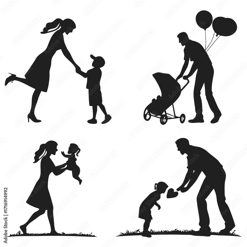 Obraz premium “Silhouette vector collection: parenting and childhood, kids playing, family bonding, mother and father with baby, outdoor fun, parent icons for family branding, education posters, and lifestyle desig