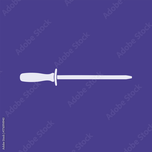 Simple white sharpening steel with handle icon on solid purple background for kitchen tool design