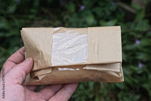 one hand holding one closed brown paper bag on a green background on a summer street