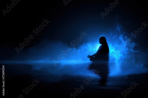 A serene figure of a meditating blue deity sitting in the water with a light on their head.
