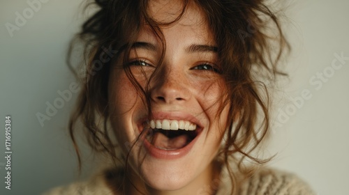 Expressive portrait of a young woman with freckles and a genuine, infectious laugh