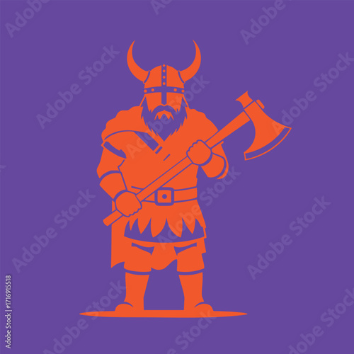 Illustration of a Viking warrior holding a large battle axe wearing a horned helmet and traditional armor in orange
