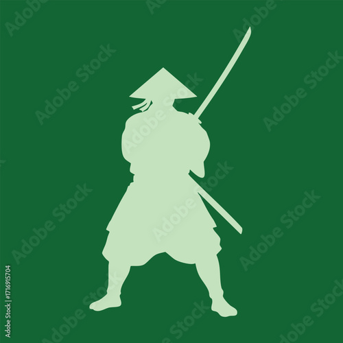 Silhouette of a warrior figure holding a sword wearing traditional attire and a conical hat on a green background