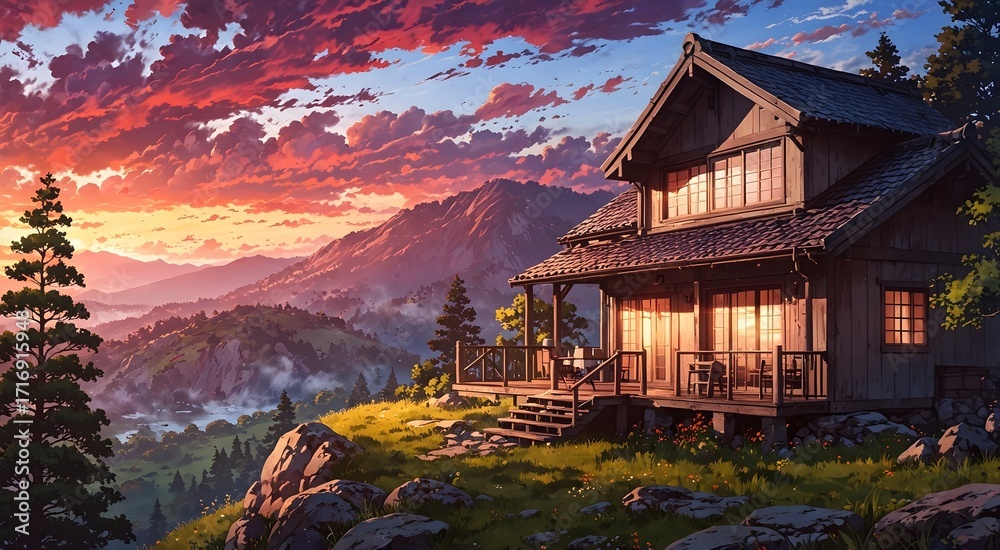 Obraz premium A wooden cabin stands on a hillside overlooking a mountainous landscape during a vibrant sunset for travel media.