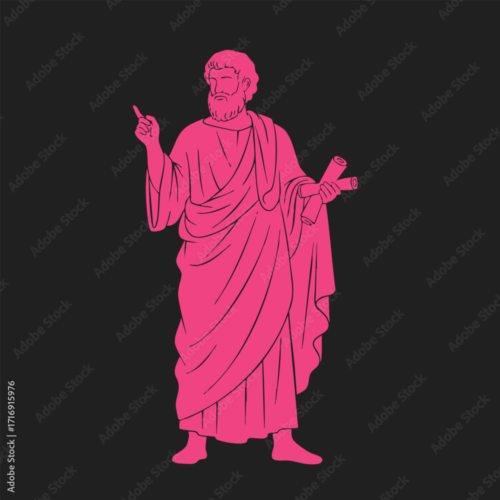 Fototapeta premium Illustration of an ancient philosopher or scholar holding scrolls and gesturing with one hand in classical robes on dark background