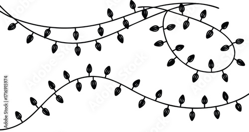 String of christmas lights, simple black and white line art for holiday decoration