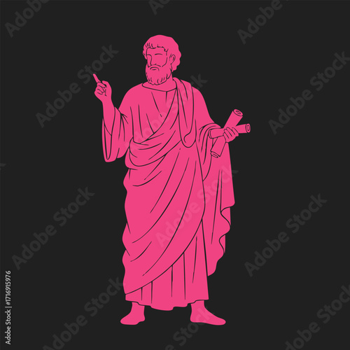 Illustration of an ancient philosopher or scholar holding scrolls and gesturing with one hand in classical robes on dark background