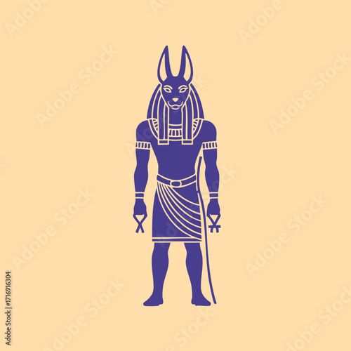 Illustration of an ancient Egyptian god with a jackal head holding traditional symbols on a beige background