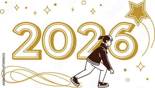 Stylized 2026 winter games illustration with ice skater and golden star