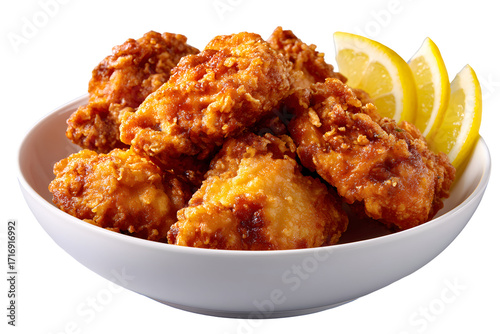 Japanese karaage fried chicken in a white bowl with lemon wedge, crispy texture, appetizing look, perfect for menu, ads, and food design.