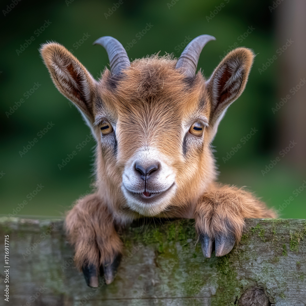 Fototapeta premium Curious baby goat peeking over fence, showcasing its playful expression and soft fur