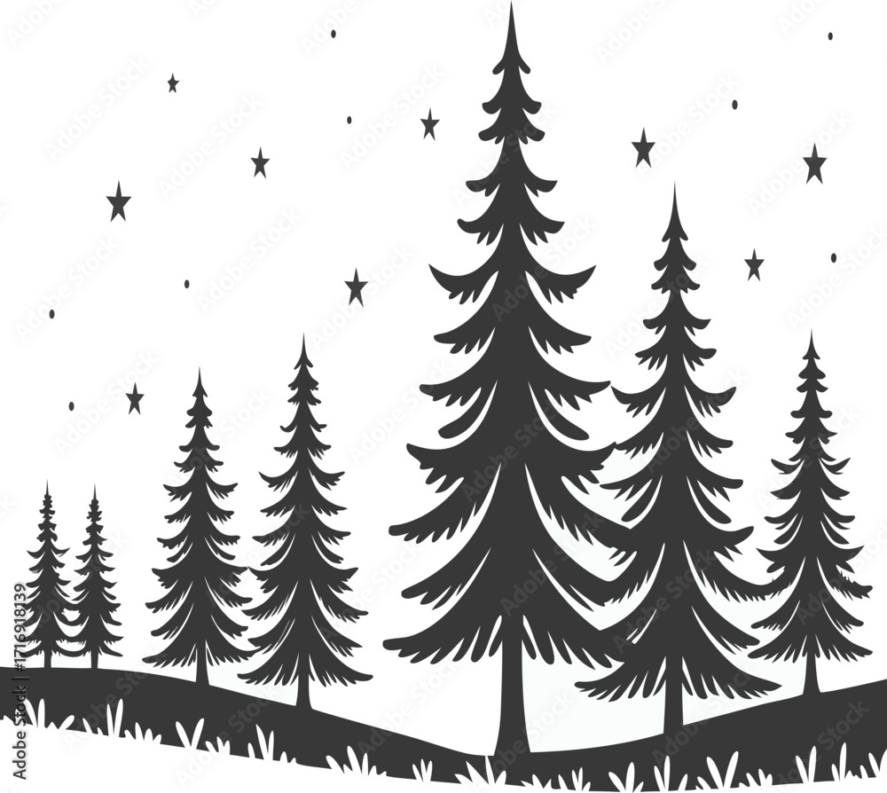 Obraz premium Silhouette of a forest with pine trees and stars, a beautiful winter scene