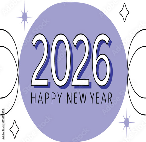 Happy new year 2026 text with stars and moon for celebration