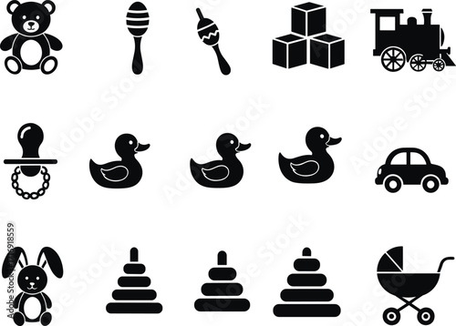 Black silhouette vector collection of baby toys including teddy bear, rattles, pacifier, stroller, toy blocks, train, duck, rabbit, pyramid