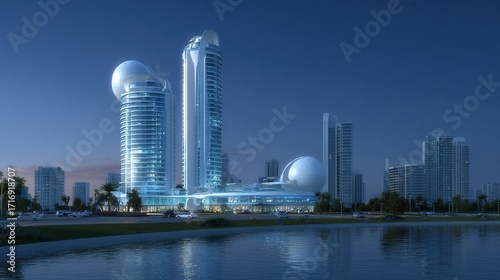 Futuristic Urban Architecture with Spherical Dome Towers and Water Reflection, Advanced Cityscape Rendering for Real Estate Marketing, Twilight Sky and Illuminated Glass Facades
