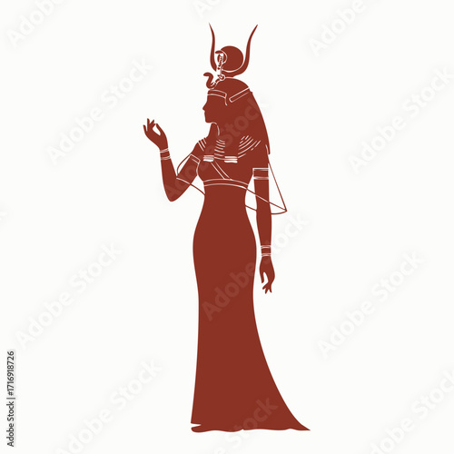 Silhouette of an ancient Egyptian goddess wearing a traditional headdress and long flowing dress in profile view