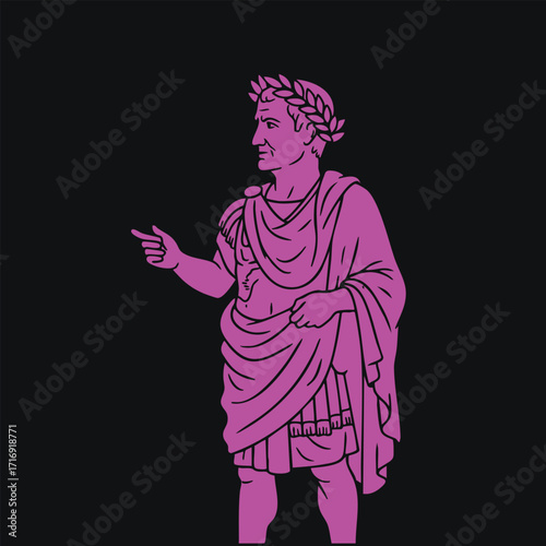 Illustration of a classical Roman figure wearing a laurel wreath and traditional toga pointing with one hand