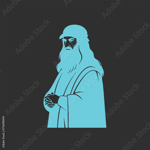 Stylized blue silhouette of a bearded man with long hair wearing a robe and head covering on dark background