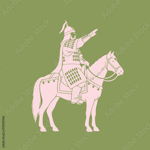 Silhouette of an ancient armored warrior on horseback pointing forward in a historical battle scene illustration