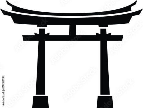Black silhouette vector of traditional Japanese Torii gate symbol, cultural landmark architecture design representing Shinto shrine entrance for Japan travel