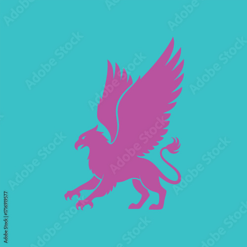 Purple griffin silhouette with wings spread on turquoise background symbolizing mythical creature and fantasy emblem