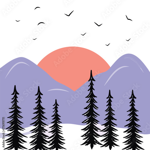 Distant birds fly above lavender mountains as sunset casts light over evergreen forest