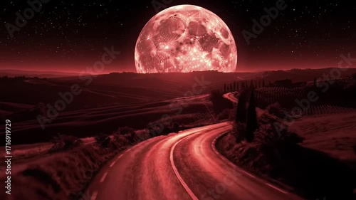 Road curves to a giant red moon over rolling hills at night