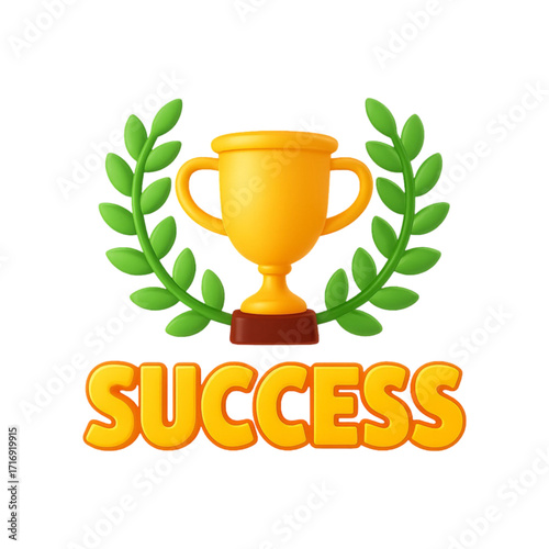 Golden trophy with laurel wreath and success text isolated on transparent background