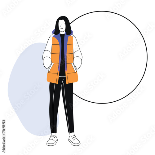 Smiling woman with dark hair stands wearing a puffer jacket on a white background