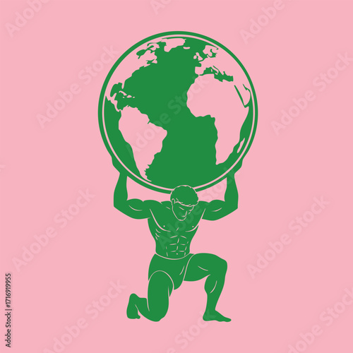 Illustration of a muscular man kneeling while holding a large globe representing the Earth on his shoulders against a pink background