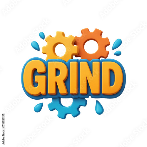 The word grind with gears and water drops isolated on transparent background