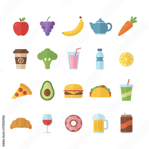 Set of 20 Flat Food and Beverages Icons on White Background