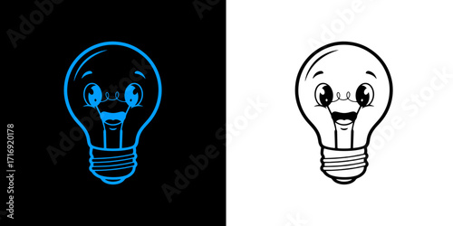 Adorable cartoon lightbulb character icon with smiling face conveying bright ideas concept