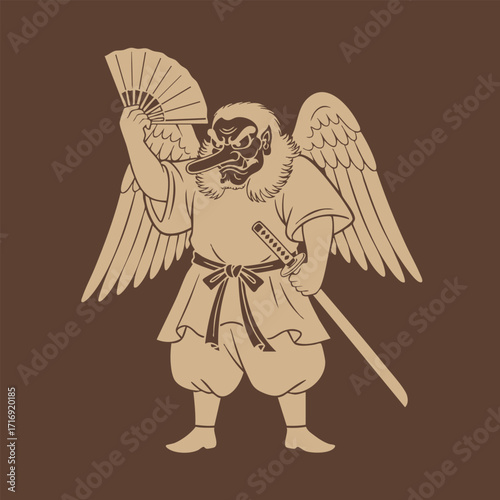 Illustration of a mythical winged creature wearing traditional clothing holding a fan and a sword in a dynamic pose
