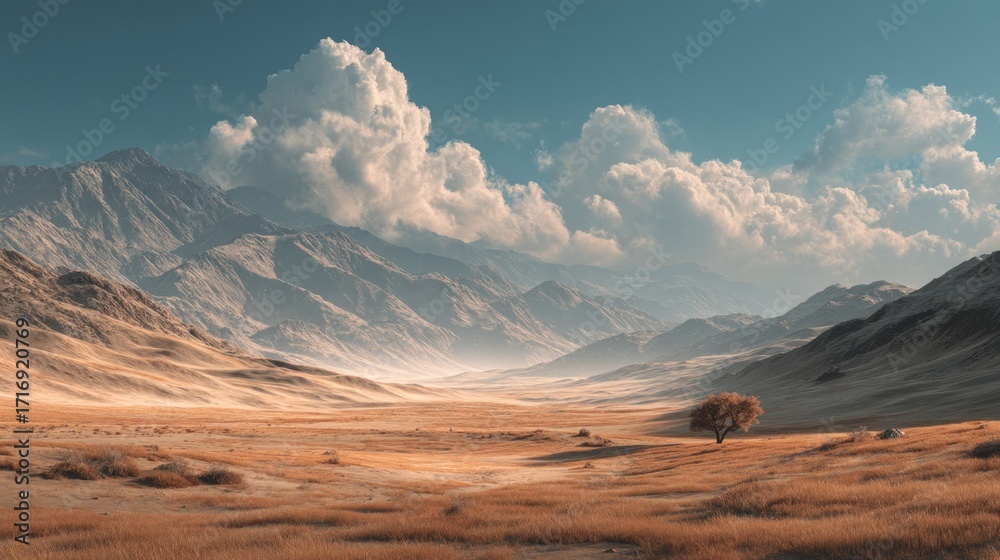 Naklejka premium Tranquil Panorama: Desert Valley Landscape with Majestic Mountains and Cloudy Sky