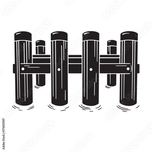 Black and white illustration of a rustic wooden fence design with stylized water elements.