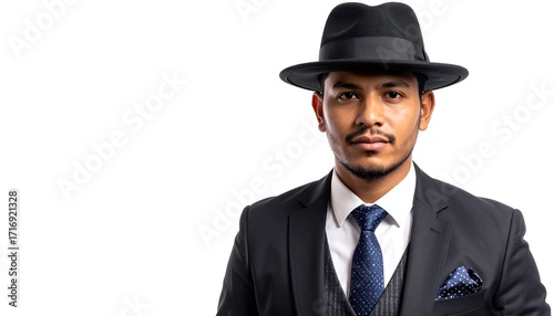 Man in a black suit and hat, serious expression