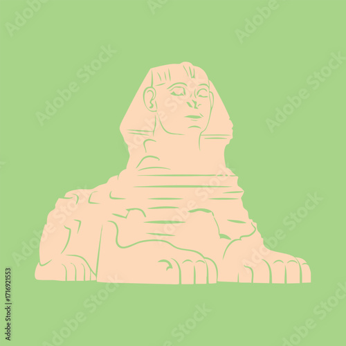 Minimalist vector illustration of an ancient statue with a human head and lion body on green background