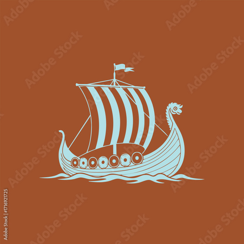 Illustration of an ancient Viking longship with striped sail and dragon figurehead on stylized waves