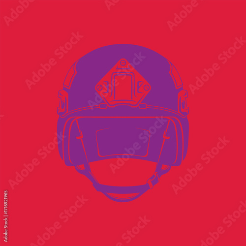 Minimalist vector illustration of a tactical helmet with chin strap on a solid red background in purple lines