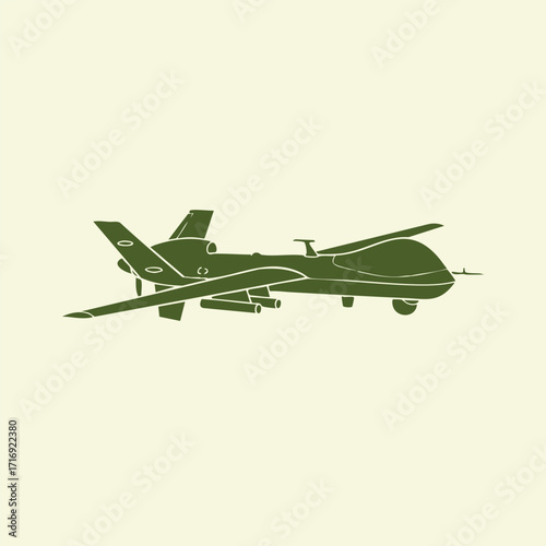 Silhouette of a military unmanned aerial vehicle drone flying with wings extended and mounted armaments visible