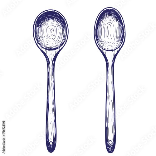 Detailed ink drawing of two wooden spoons with a vintage hand drawn style