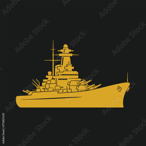 Detailed golden silhouette of a battleship with multiple gun turrets and antennas on a black background
