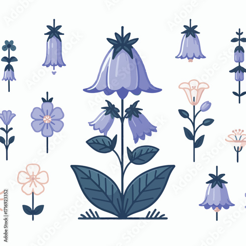 flower, bellflower, plant, botanical, summer, illustration, blossom, leaf, floral, green, spring, isolated, flora, campanula, drawing, design, purple, bluebell, blue, bloom, bell, bouquet, vintage, na