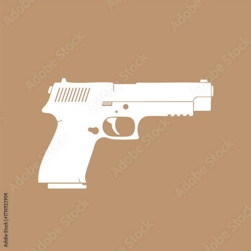 Minimalist white handgun silhouette icon on a solid beige background with simple clean design elements